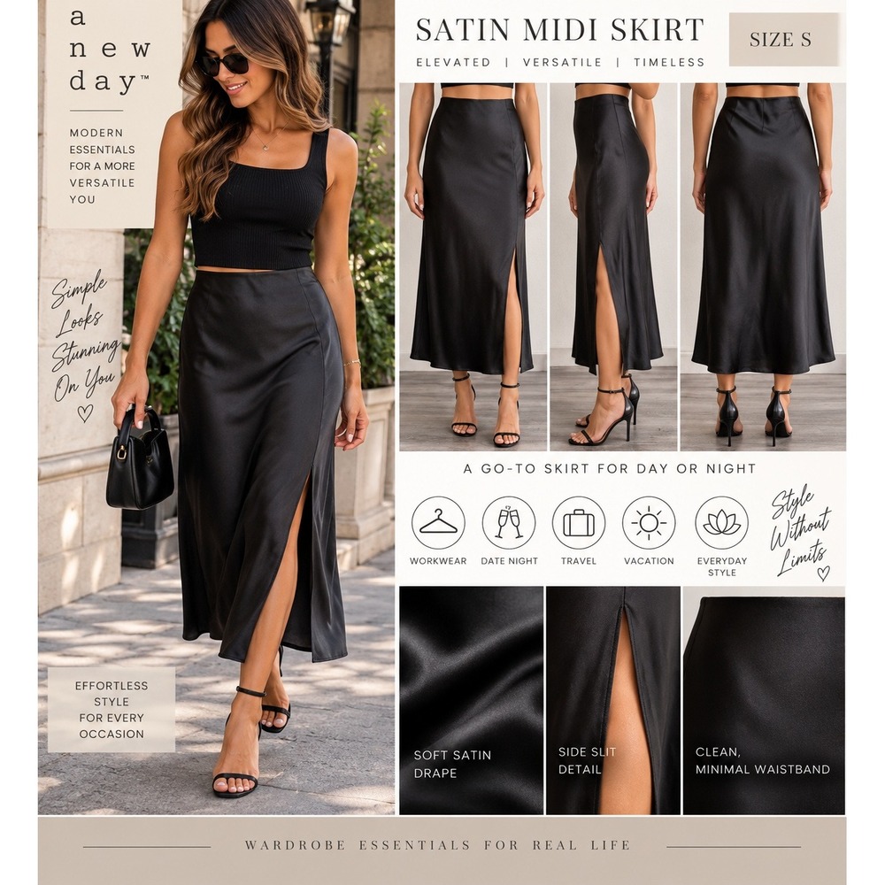 A New Day Black Satin Midi Skirt with Side Slit Size Sm Y2K Minimalist Cocktail
